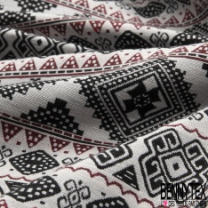 Coupon 3m jacquard laine coton viscose imprimé inca noir sang de taureau fond blanc discret