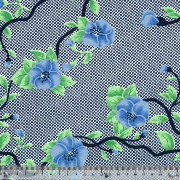 Jersey Cristal Polyester Fleur Bleu Fond Quadrillé Jersey Cristal Polyester Fleur Bleu Fond Quadrillé