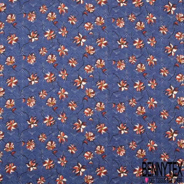 Crêpe viscose imprimé grande plantes et feuilles tropicaux multicolores fond bleu insigne