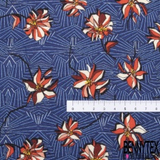 Crêpe viscose imprimé grande plantes et feuilles tropicaux multicolores fond bleu insigne