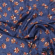 Crêpe viscose imprimé grande plantes et feuilles tropicaux multicolores fond bleu insigne
