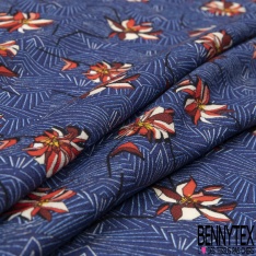 Crêpe viscose imprimé grande plantes et feuilles tropicaux multicolores fond bleu insigne