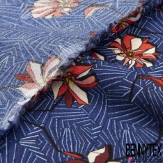 Crêpe viscose imprimé grande plantes et feuilles tropicaux multicolores fond bleu insigne