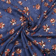 Crêpe viscose imprimé grande plantes et feuilles tropicaux multicolores fond bleu insigne