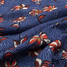 Crêpe viscose imprimé grande plantes et feuilles tropicaux multicolores fond bleu insigne
