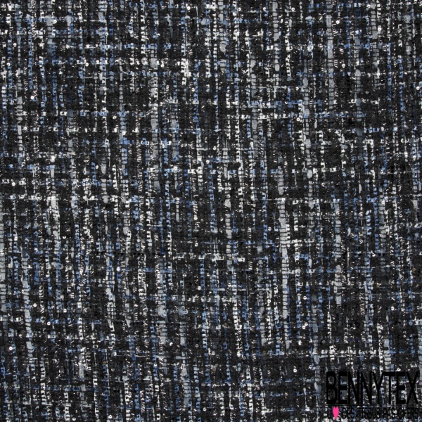 Natté de luxe noir camaïeu de bleu et blanc à sequins et lurex argent