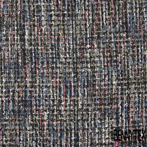 Natté de luxe noir camaïeu de bleu et blanc à sequins et lurex argent