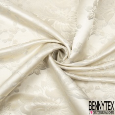 Jacquard de soie viscose motif floral baroque ton sur ton sable blanc