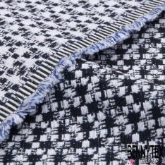 Brocart jacquard coton motif gros chevron écru indigo lurex argent fantaisie