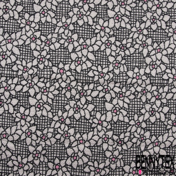 Brocart de laine lurex noir motif floral graphique coeur malabar fond fantaisie quadrillage noir blanc discret