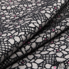 Brocart de laine lurex noir motif floral graphique coeur malabar fond fantaisie quadrillage noir blanc discret