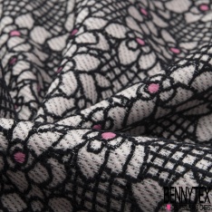 Brocart de laine lurex noir motif floral graphique coeur malabar fond fantaisie quadrillage noir blanc discret