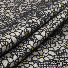 Brocart de laine lurex noir motif floral graphique coeur jaune or fond fantaisie quadrillage noir blanc discret