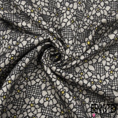 Brocart de laine lurex noir motif floral graphique coeur jaune or fond fantaisie quadrillage noir blanc discret