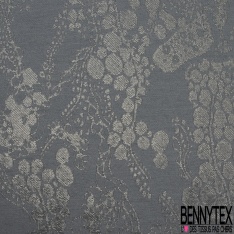 Brocart souple soie viscose grand motif floral baroque gris neutre lurex or vieilli