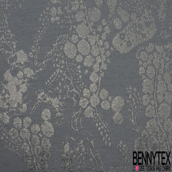 Brocart souple soie viscose grand motif floral baroque gris neutre lurex or vieilli