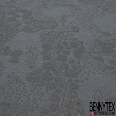 Brocart souple soie viscose grand motif floral baroque gris neutre lurex or vieilli