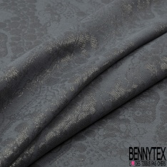 Brocart souple soie viscose grand motif floral baroque gris neutre lurex or vieilli