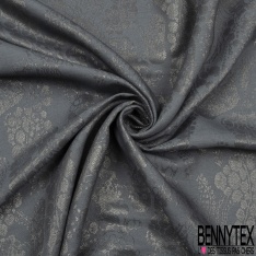 Brocart souple soie viscose grand motif floral baroque gris neutre lurex or vieilli