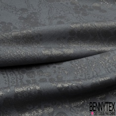 Brocart souple soie viscose grand motif floral baroque gris neutre lurex or vieilli