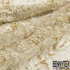 Dentelle Haute Couture brodée lurex fils or blanc argent perlée festonnée double base ton or vieilli