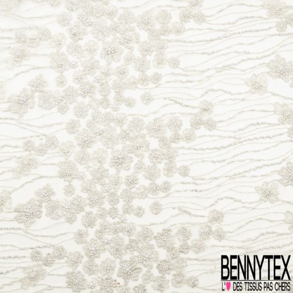 Dentelle Haute Couture brodée lurex fils cendre de bois argent perlée festonnée double base ton cendre de bois