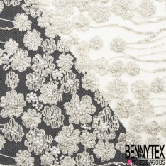 Dentelle Haute Couture brodée lurex fils cendre de bois argent perlée festonnée double base ton cendre de bois