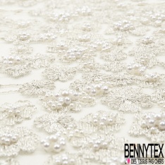 Dentelle Haute Couture brodée lurex fils cendre de bois argent perlée festonnée double base ton cendre de bois