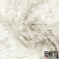 Dentelle Haute Couture brodée lurex fils cendre de bois argent perlée festonnée double base ton cendre de bois