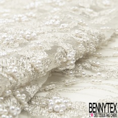 Dentelle Haute Couture brodée lurex fils cendre de bois argent perlée festonnée double base ton cendre de bois