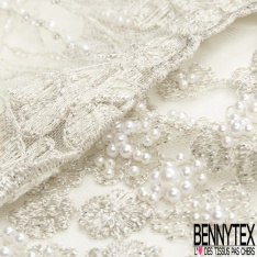 Dentelle Haute Couture brodée lurex fils cendre de bois argent perlée festonnée double base ton cendre de bois