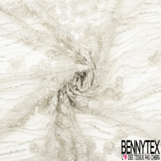 Dentelle Haute Couture brodée lurex fils cendre de bois argent perlée festonnée double base ton cendre de bois
