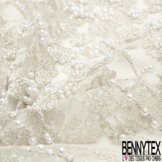 Dentelle Haute Couture brodée lurex fils cendre de bois argent perlée festonnée double base ton cendre de bois