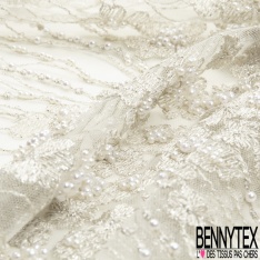 Dentelle Haute Couture brodée lurex fils cendre de bois argent perlée festonnée double base ton cendre de bois