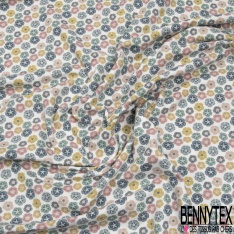 Jersey coton élasthanne Bio imprimé bleuet fantaisie multicolore fond jaune pastel