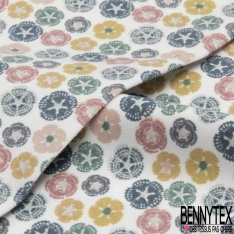 Jersey coton élasthanne Bio imprimé bleuet fantaisie multicolore fond jaune pastel