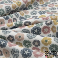Jersey coton élasthanne Bio imprimé bleuet fantaisie multicolore fond jaune pastel