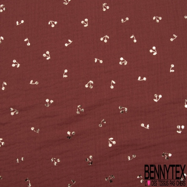 Coton double gaze vert loden motif petite cerise mylar or rose