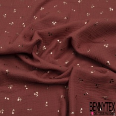 Coton double gaze vert loden motif petite cerise mylar or rose