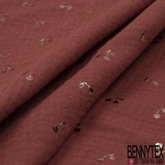 Coton double gaze vert loden motif petite cerise mylar or rose