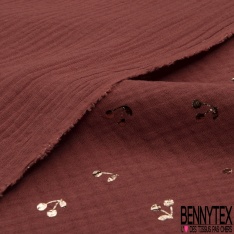 Coton double gaze vert loden motif petite cerise mylar or rose