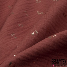Coton double gaze vert loden motif petite cerise mylar or rose