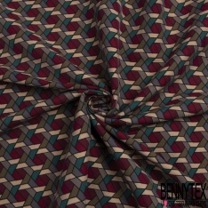 Coupon 3m stretch viscose élasthanne tailleur pantalon motif géométrique sable cannelle taupe iguane bleu parisien