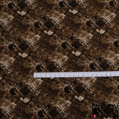 Coupon 3m stretch viscose élasthanne tailleur pantalon motif peau de serpent ton écureuil noir pomme à la cannelle blanc discret