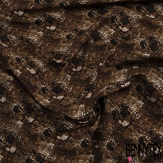 Coupon 3m stretch viscose élasthanne tailleur pantalon motif peau de serpent ton écureuil noir pomme à la cannelle blanc discret
