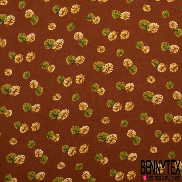 Fibranne viscose imprimé petite feuille de bananier fond argile cuite