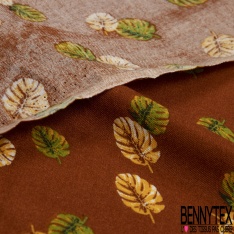 Fibranne viscose imprimé petite feuille de bananier fond argile cuite