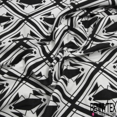 Coupon 3m stretch viscose élasthanne tailleur motif quadrillage géométrique noir blanc discret