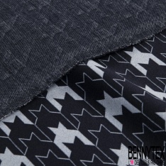 Coupon 3m stretch viscose élasthanne tailleur motif pied de coq revisité blanc bleu caban