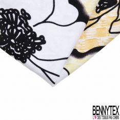 Jersey viscose imprimé grand pavot noir et blanc fond fantaisie citronnade lin blanc